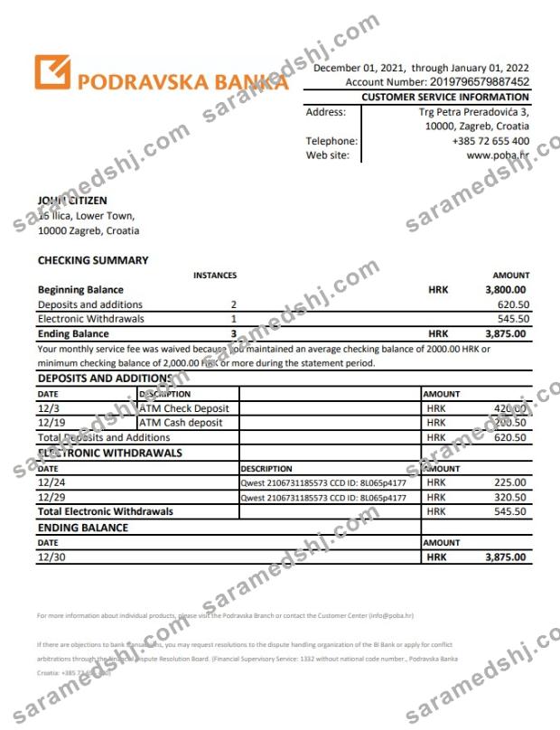 Croatia Podravska banka statement xls
